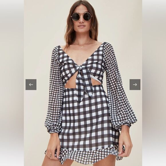 LPA Fit & Flare Tie Front Cut Out Black & White Gingham Plaid Mini Dress XS 1-16 - Picture 1 of 10